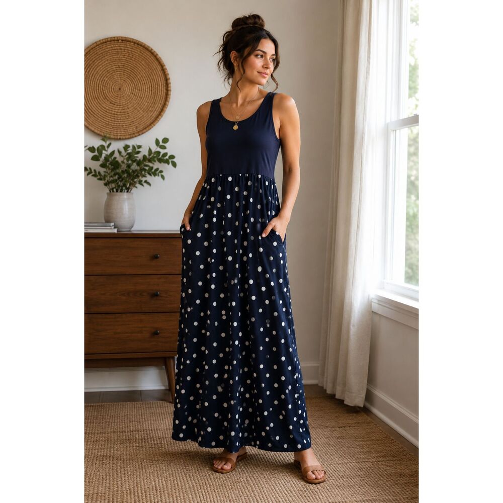 NWT Navy Polka Dot Sleeveless Maxi Dress Women's Medium Casual Summer Pockets